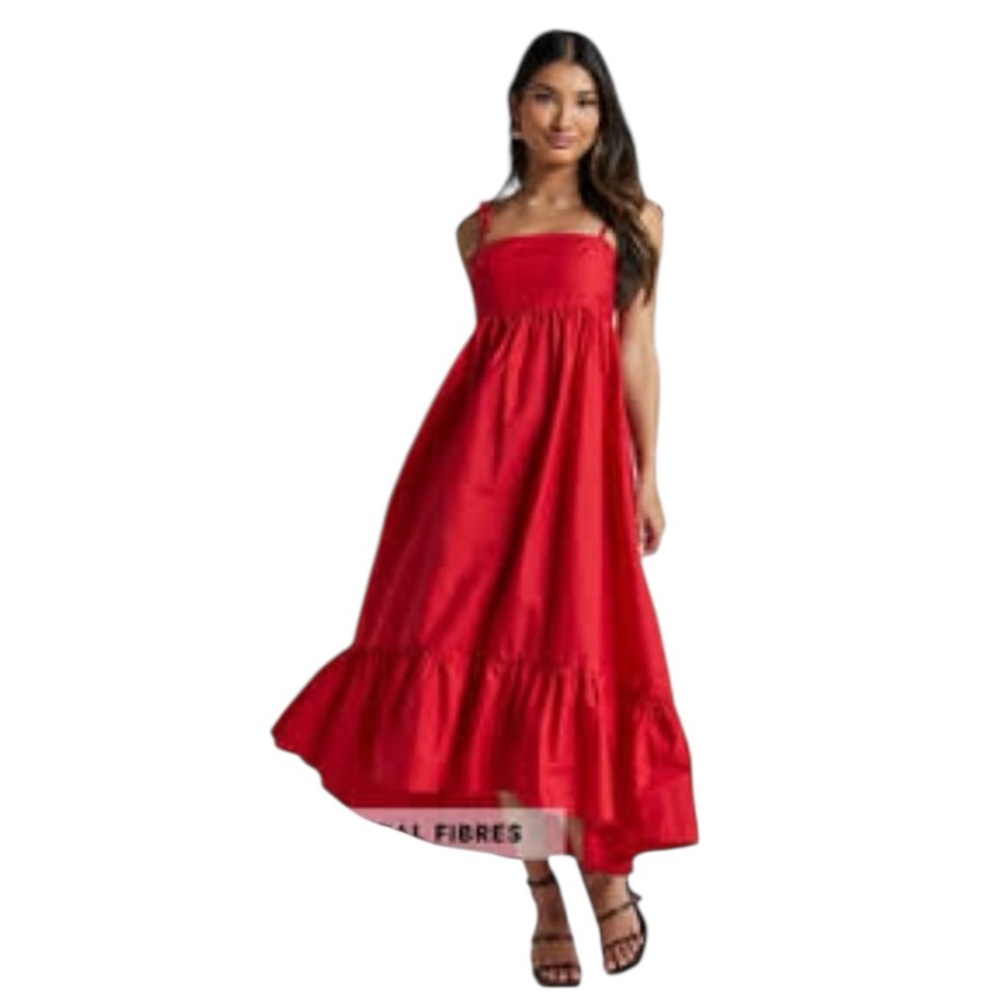 NWOT Anthropologie Dhruv Kapoor Red Smocked Bodice Tiered Midi Dress Size L - Picture 11 of 12